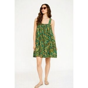 Anthro Style Green Paisley Babydoll Dress XS Tie Back Mini Boho Cottagecore